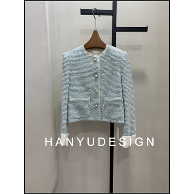 【韩钰DESIGN】26早春新款 羊毛蓝色小香风粗花呢短外套女