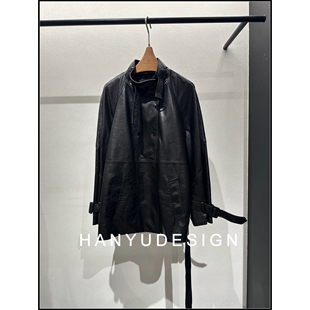 绵羊皮黑色腰带复古立领皮衣女 26早春新款 韩钰DESIGN