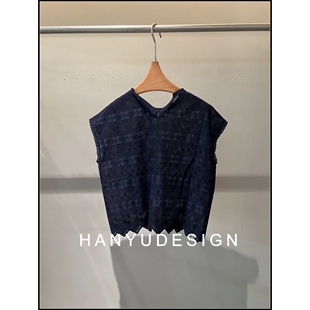 花边深蓝色圆领镂空百搭减龄T恤 26早春新款 韩钰DESIGN