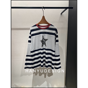 星星印花通勤风圆领条纹长袖 26早春新款 T恤女 韩钰DESIGN