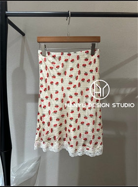 【韩钰DESIGN】26夏季新款 复古红色碎花印花半身裙女