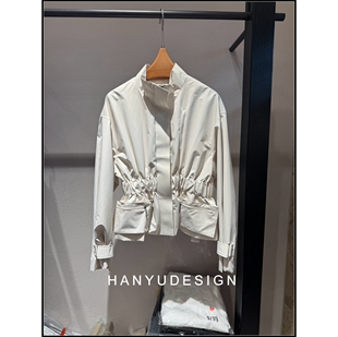 韩版 26早春新款 白色立领拉链收腰短外套女 韩钰DESIGN