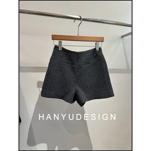 百搭高腰灰色休闲100%羊毛呢短裤 时尚 女 韩钰DESIGN