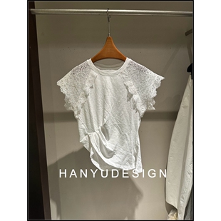 设计感白色蕾丝拼接短袖 26早春新款 t恤女 韩钰DESIGN