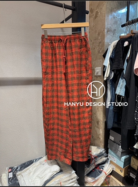 【韩钰DESIGN】26夏季新款 红色复古亚麻松紧腰格纹阔腿裤女