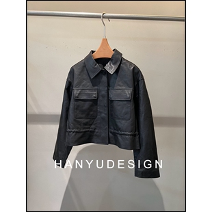 绵羊皮复古机车风翻领短款 26早春新款 皮衣女 韩钰DESIGN