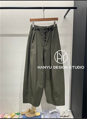 【韩钰DESIGN】26夏季新款 军绿色简约风高腰褶皱休闲阔腿裤女