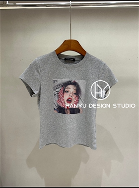 【韩钰DESIGN】26夏季新款 灰色修身卡通印花短袖T恤女