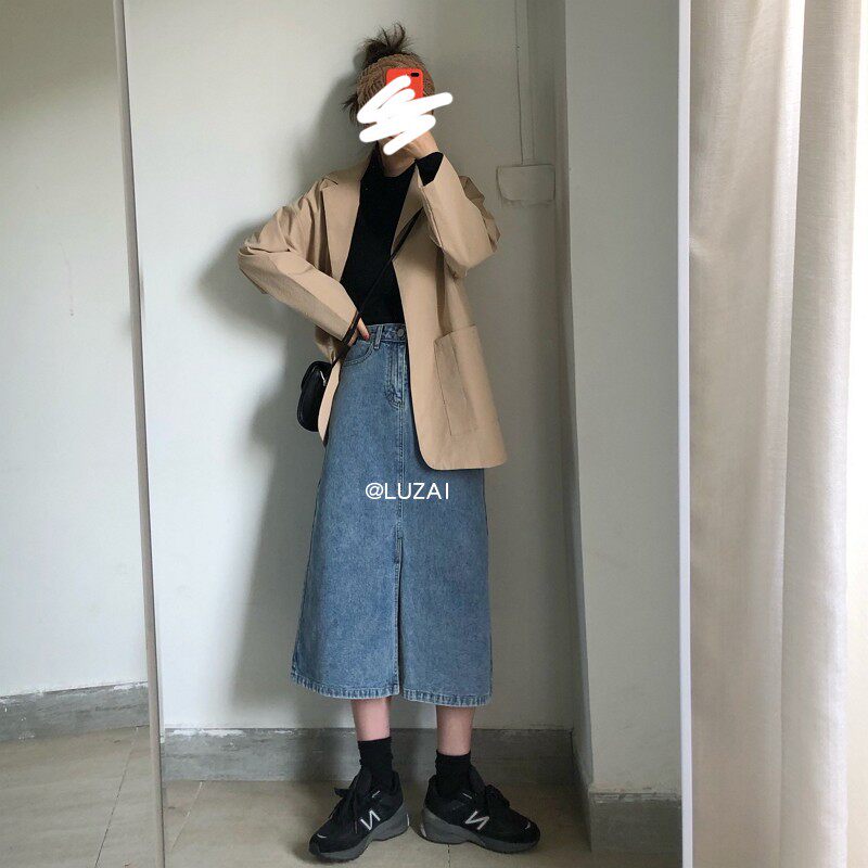 LUZAI搭配率炒高的韩风ins高腰开叉中长款牛仔半身裙百搭显瘦中裙|ruв категории Женская одежда, юбка - от Buy2taobao.com для оказания профессиональной услуги покупки агента Taobao