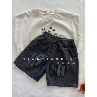 我是小童 字母印花牛仔裤 韩版 中裤 男童短裤 夏女宝透气五分裤
