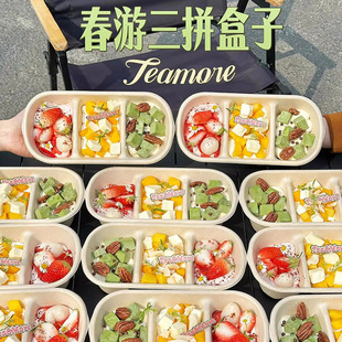网红春游野餐三拼盒子甜品蛋糕打包盒一次性水果奶油打包碗纸浆碗