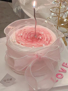 女神节蛋糕装 饰粉色珍珠丝带妈妈母亲节情人节女王插件鲜花瓣围边