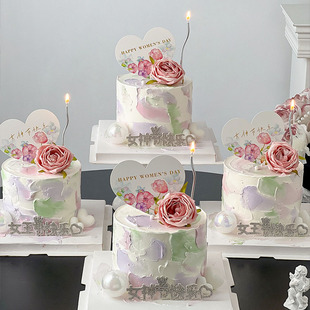 3.8女神节蛋糕装 饰插牌仿真玫瑰花摆件女王节快乐水钻爱心卡插件