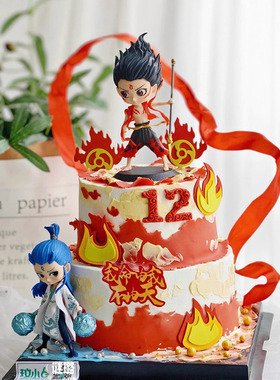 网红哪吒敖丙卡通人物蛋糕装饰摆件混天绫飘带风火轮儿童生日插件