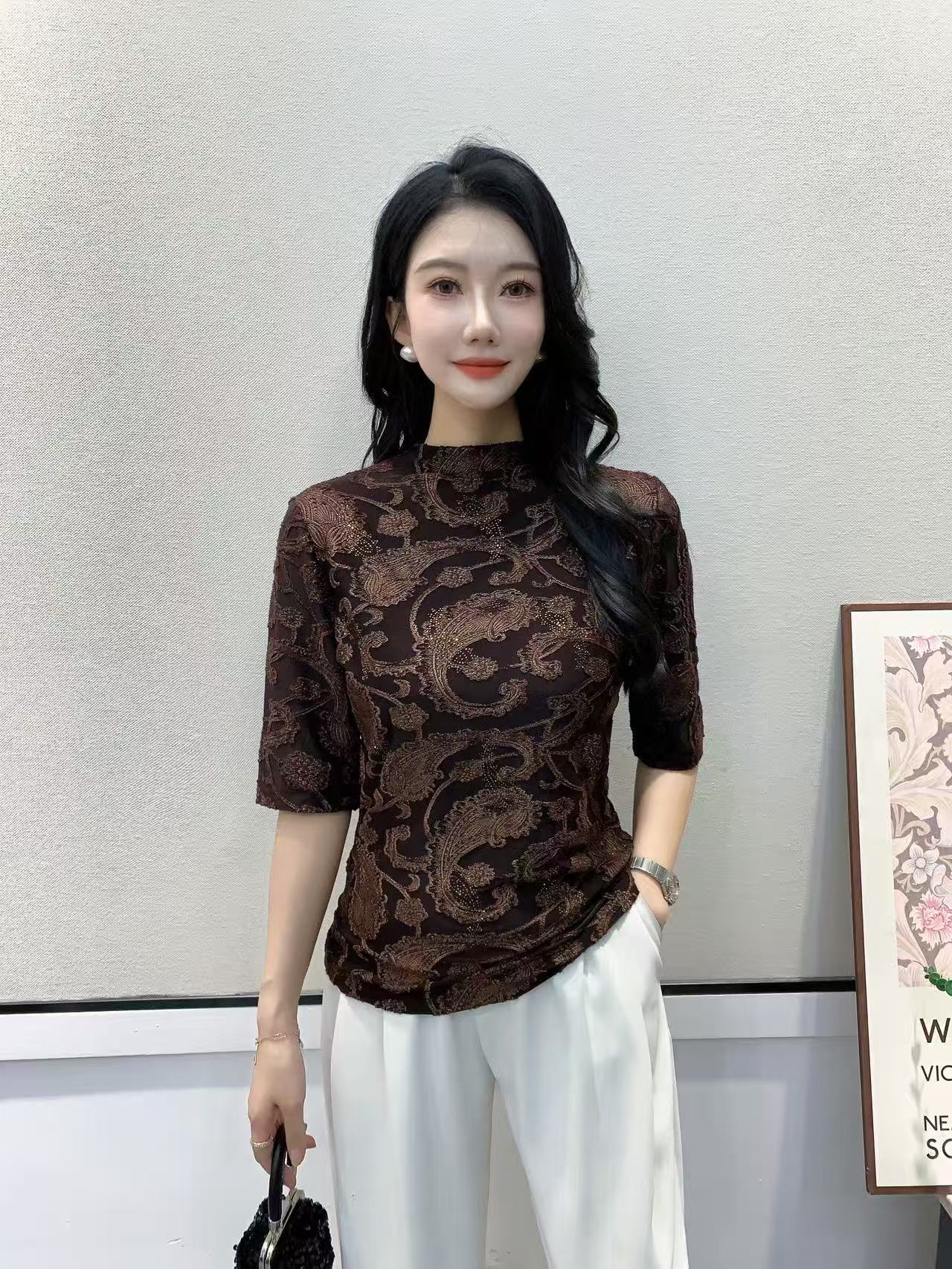 JLZX8933.8988 春夏季烫钻双层弹力网纱烧花长袖中袖立领女打底衫