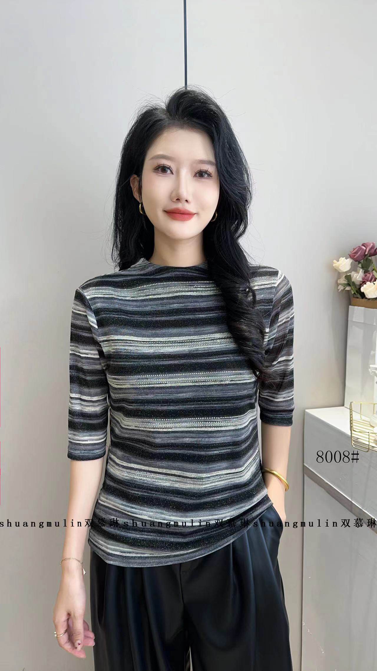 双慕琳  春秋季新款时尚百搭烫钻双层弹力网纱半高领女打底衫