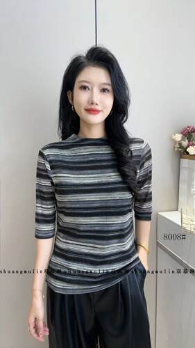 双慕琳  春秋季新款时尚百搭烫钻双层弹力网纱半高领女打底衫