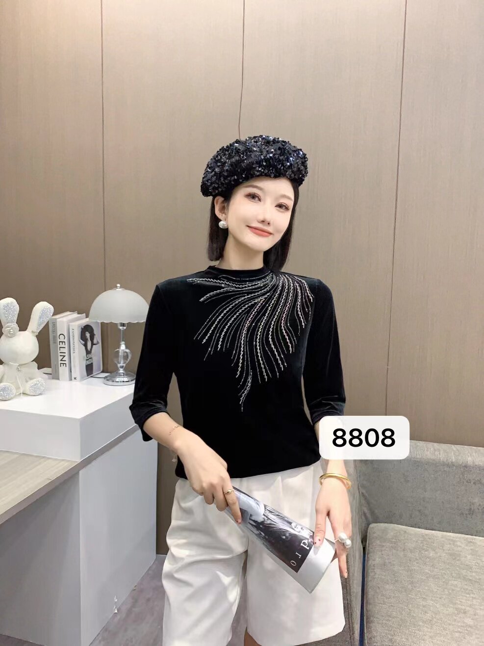 本色服饰春秋季款轻奢金丝绒半高领领七分袖时尚百搭打底短女衫