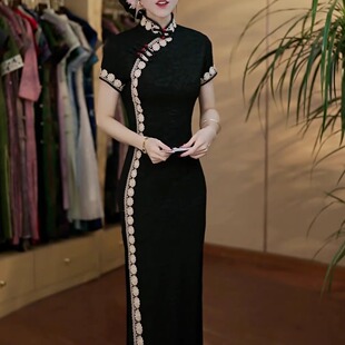 高端时尚 复古重工提花蕾丝刺绣改良旗袍长裙女气质收腰显瘦连衣裙