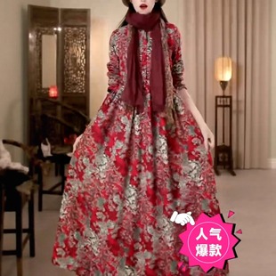 秋冬新款高端民族风文艺复古加绒加厚棉麻长袖气质优雅印花连衣裙