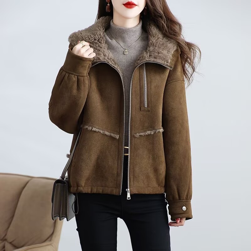 加厚拉链保暖连帽羊羔毛大衣外套