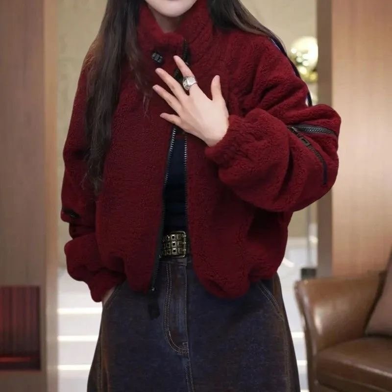 冬季新款高端时尚轻奢高级感颗粒绒加厚保暖立领洋气百搭开衫外套