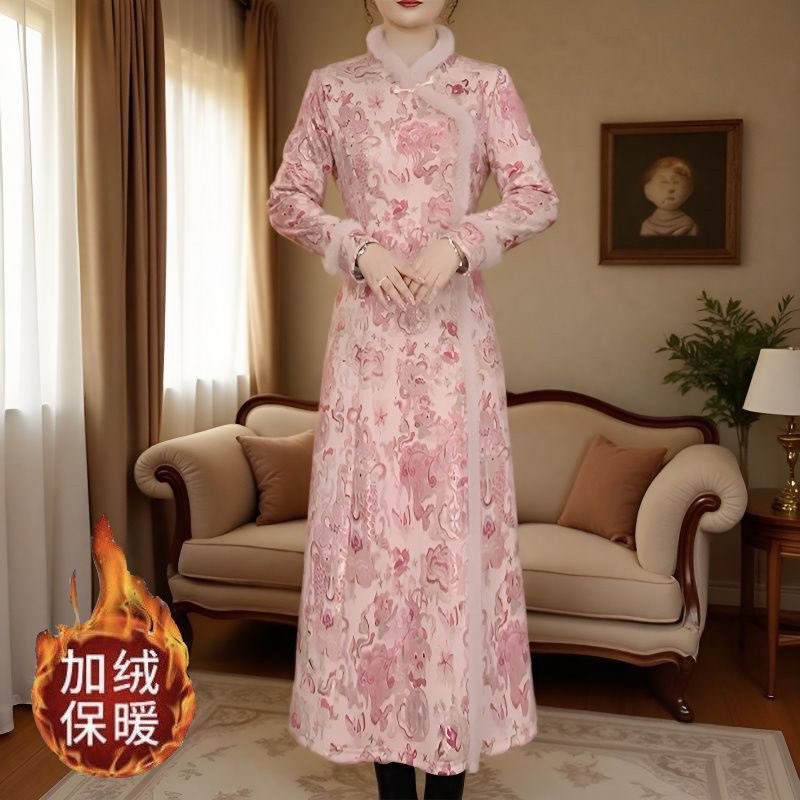 国风提花加绒加厚改良旗袍连衣裙
