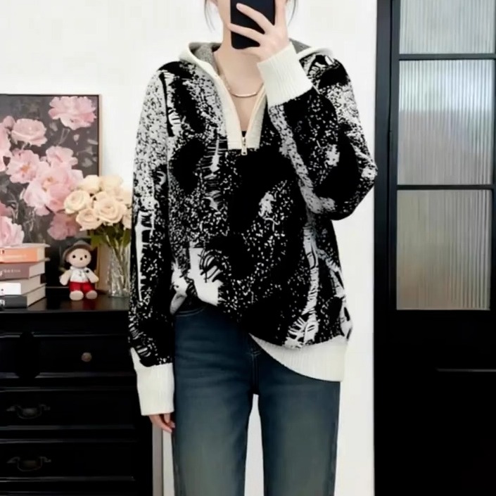 扎染毛衣衫女连帽针织打底衫上衣