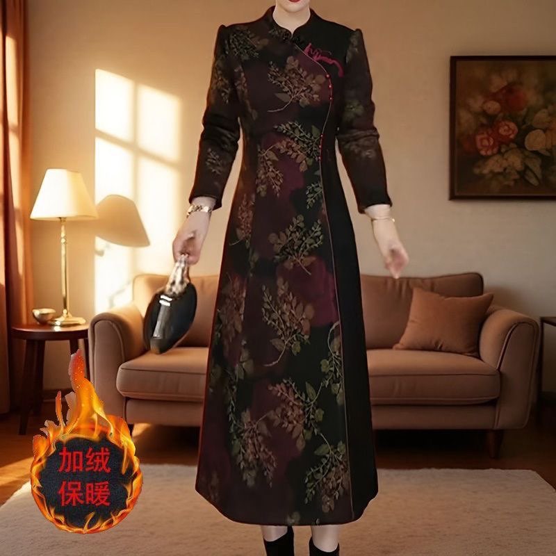 国风提花加绒加厚改良旗袍连衣裙