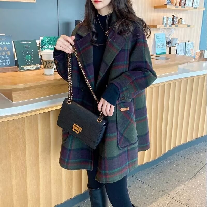 秋冬新款高端时尚轻奢高级感西装格子大衣女百搭双排扣毛呢外套潮