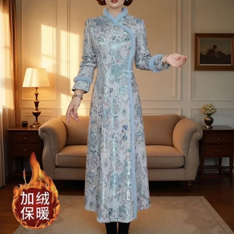 国风提花加绒加厚改良旗袍连衣裙