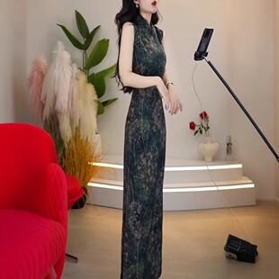 夏高端时尚新中式复古改良旗袍印花长裙女气质收腰显瘦遮肉连衣裙