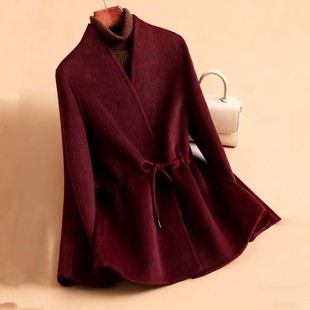 秋冬新款双面呢轻奢简约风双面绒长袖收腰系带显瘦毛呢大衣外套女