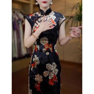 高端时尚 复古中国风改良旗袍印花长裙女气质收腰显瘦阔太太连衣裙