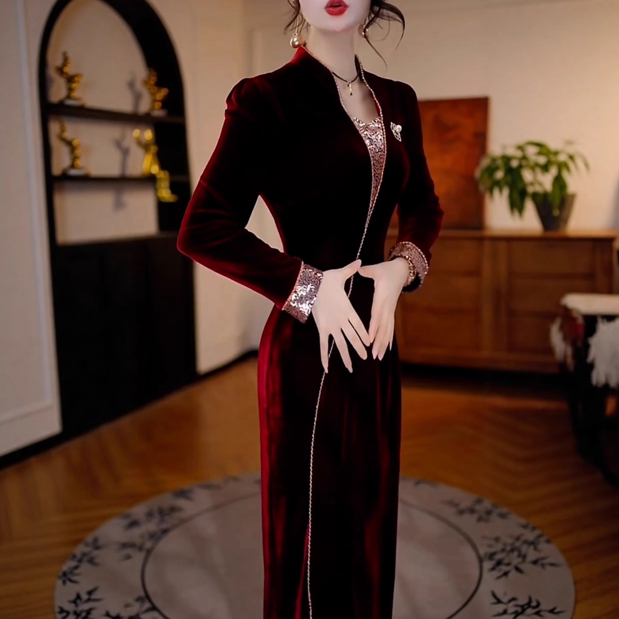 优雅收腰显瘦遮肉礼服丝绒连衣裙