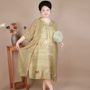 中老年女装胖妈妈夏装加肥加大码短袖雪纺特体洋气遮肉连衣裙