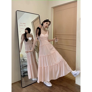 美式 裙 粉色吊带裙夏季 海边度假风白色连衣裙甜美蛋糕长裙收腰长款