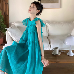 高级感多巴胺海边度假沙滩长 美式 茶歇法式 蓝色小飞袖 连衣裙女夏季