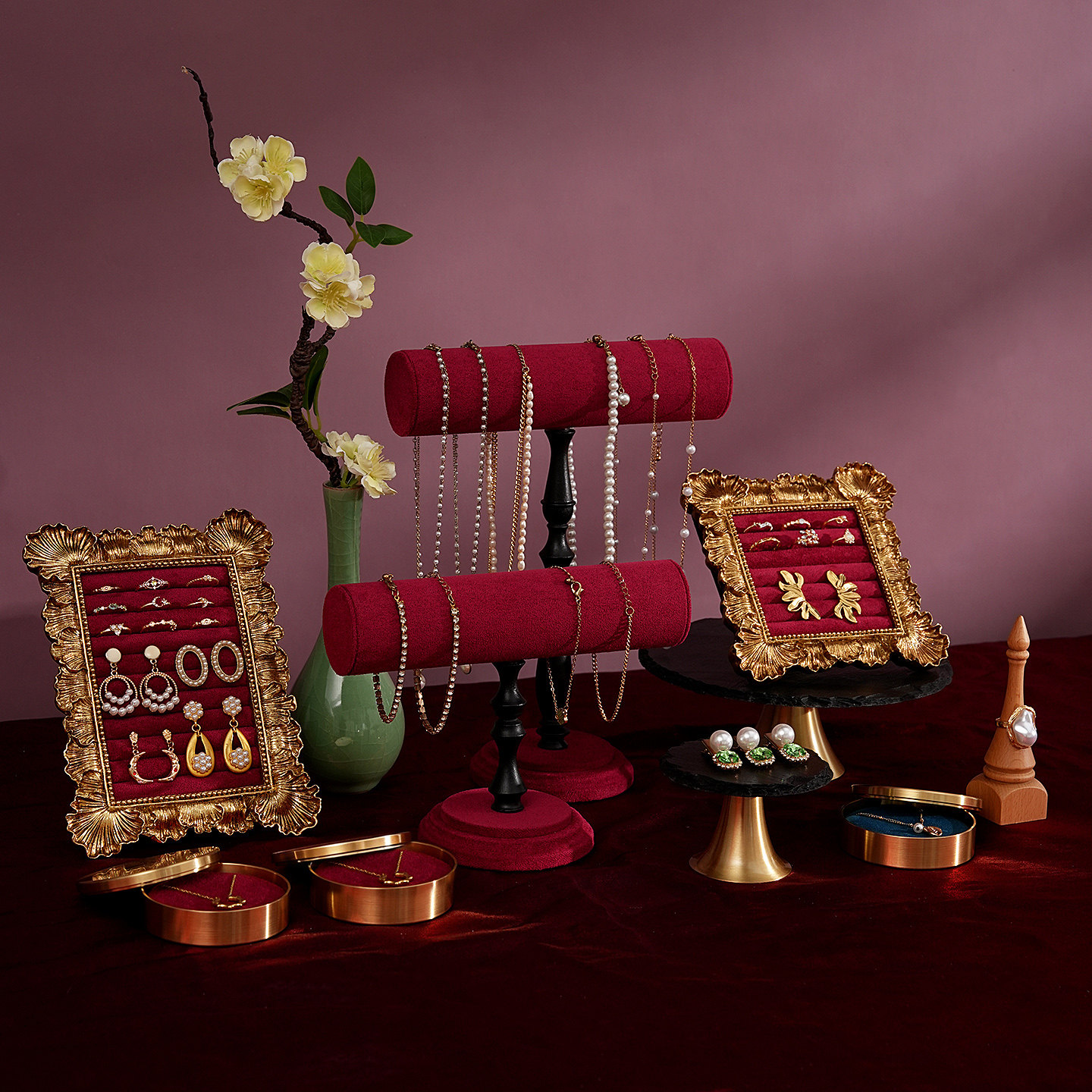 首饰展示架红色绒布手镯架复古相框戒指托盘项链饰品陈列拍摄道具