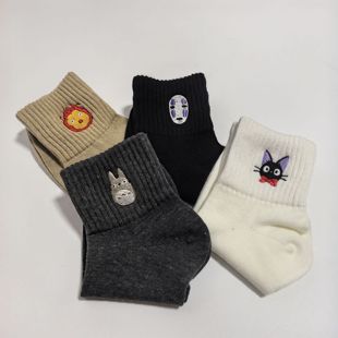 成人袜子 龙猫无脸男黑猫刺绣 中筒袜 可爱卡通宫崎骏 日单