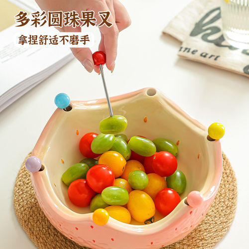 多彩陶瓷果叉不磨手舒适握感