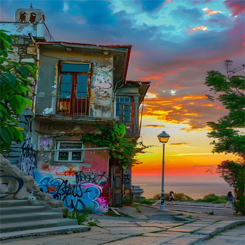 黄昏街道户外美景直播间背景布小路树木落日晚霞分氛围感拍照背景