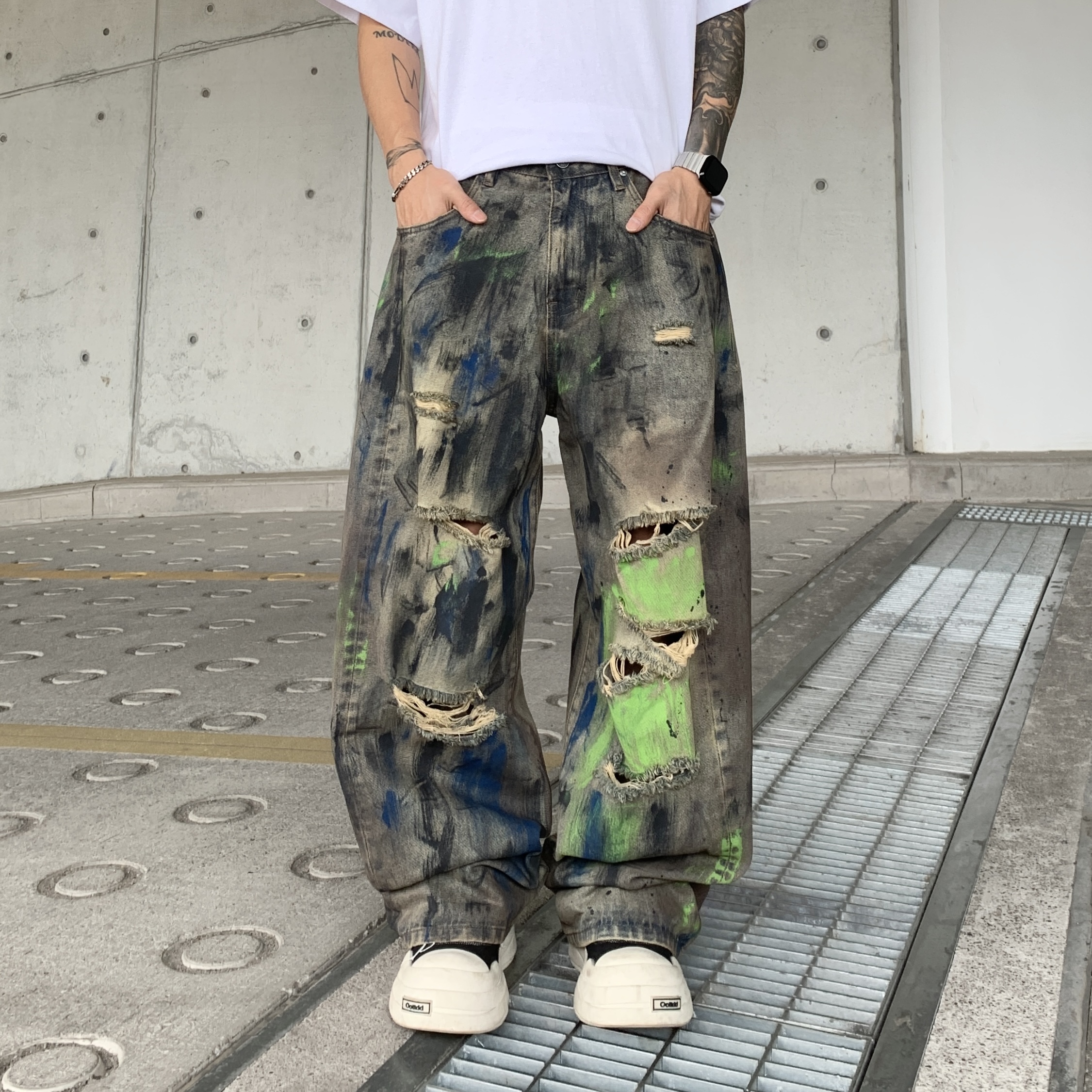 高端美式复古做旧破洞牛仔裤男款春夏季泼墨彩绘宽松阔腿直筒裤子