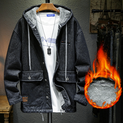 冬季加绒连帽宽松牛仔外套