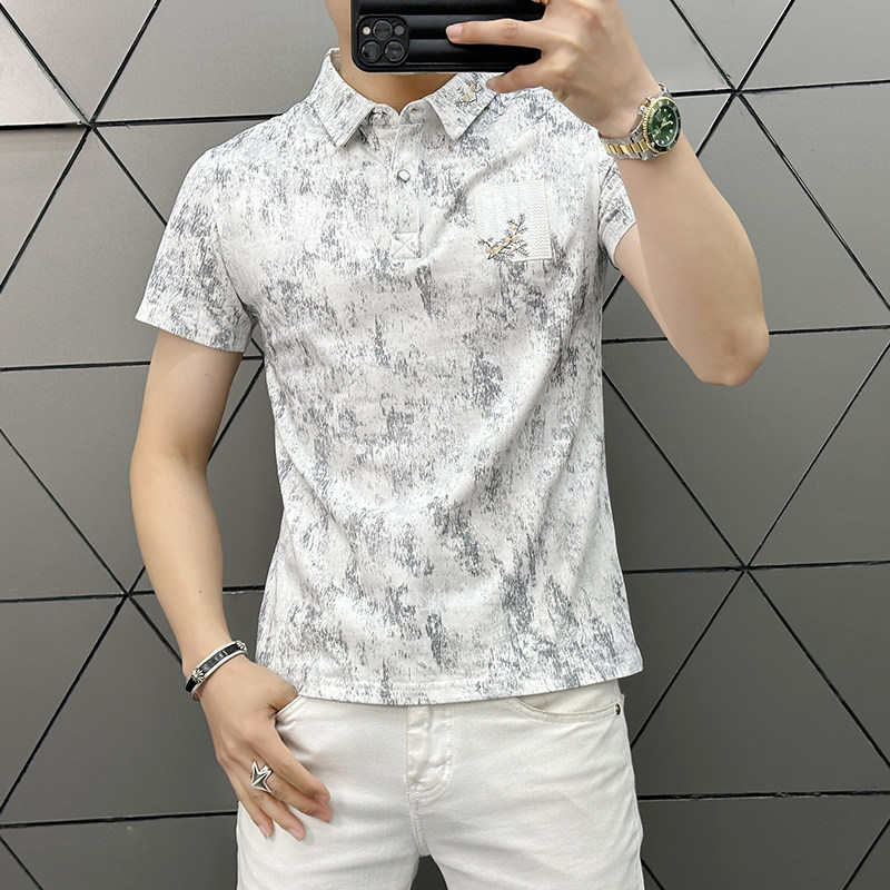 美式高街扎染印花款Polo衫短袖T恤男修身翻领休闲体恤衫上衣潮流