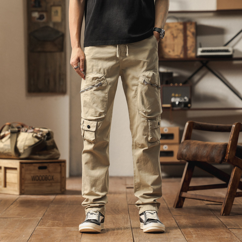 高端美式复古多口袋工装牛仔裤男款春秋季潮牌宽松直筒休闲长裤子