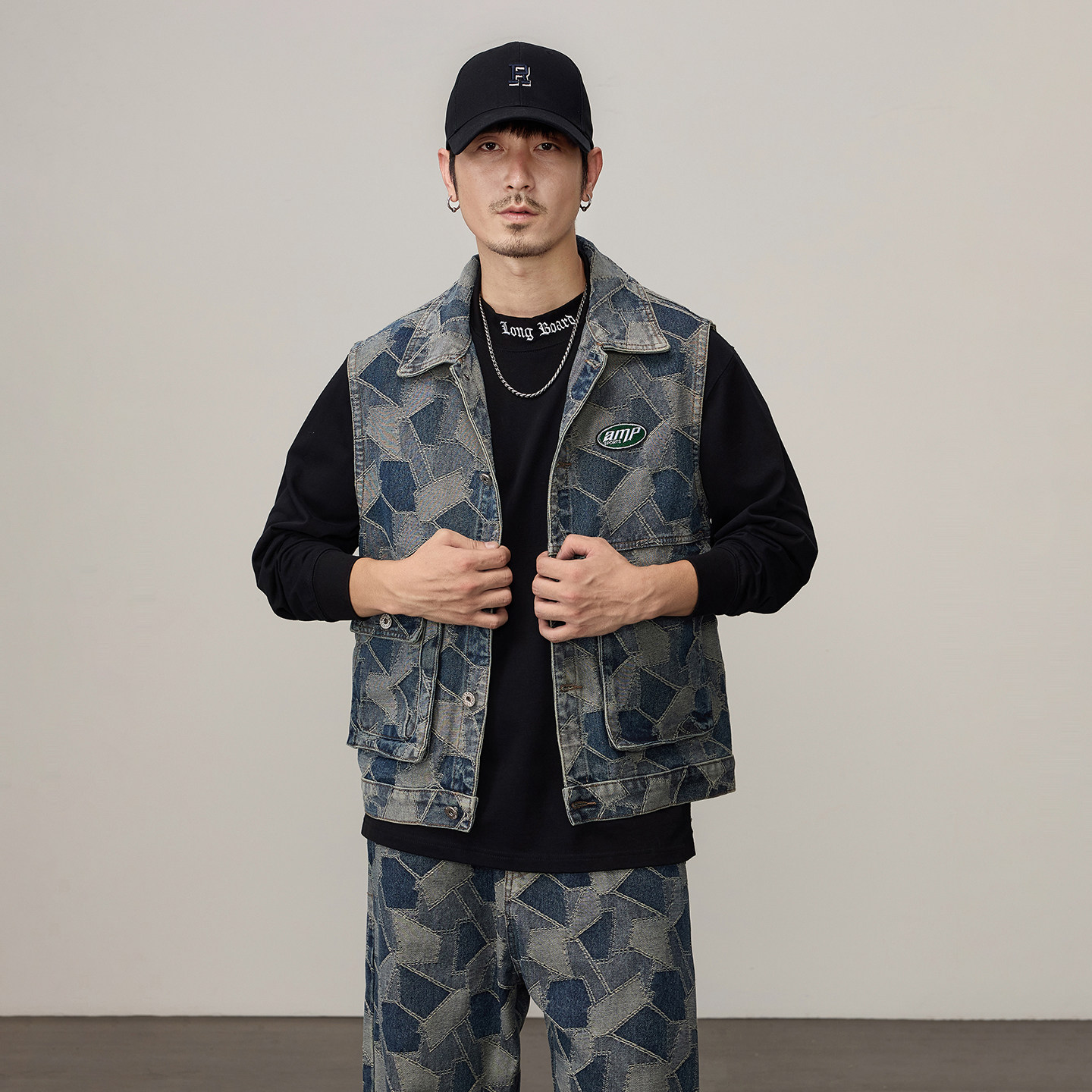 复古高街机车牛仔马甲男款宽松