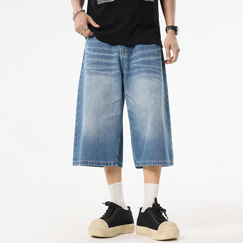 美式复古莱赛尔天丝牛仔短裤男款街头宽松直筒七分休闲百搭中裤子