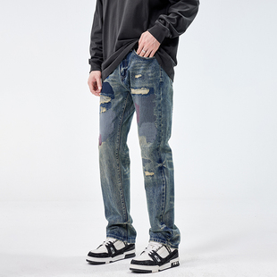 重工重磅破洞刺绣牛仔裤男美式高街复古宽松直筒无弹做旧工装长裤