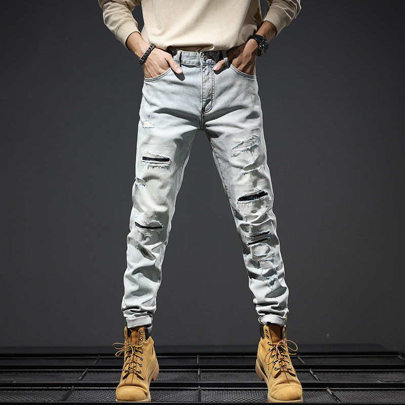 高端复古做旧破洞牛仔裤男春秋季弹力修身刮烂补丁休闲小直筒裤子